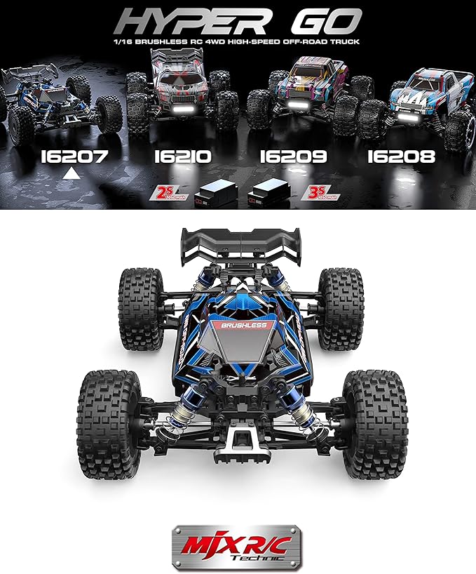 MJX Hyper GO 16207 with 3S Battery 1/16 RTR Brushless RC Cars 62KM/H Fast RC Truck 4WD All-Road Remote Control Cars for AdultsElectric Powered Hobby RC Buggy Gift for Adult