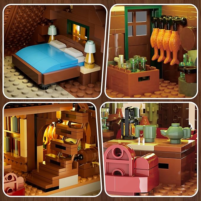 Wood Cabin Building Set with Light 2570 PCS Wooden Forest House Mini Building Block Toy with Waterwheel Pond Animals Big House Construction Model for Adults Teens Kids Boys Girls 10-12+
