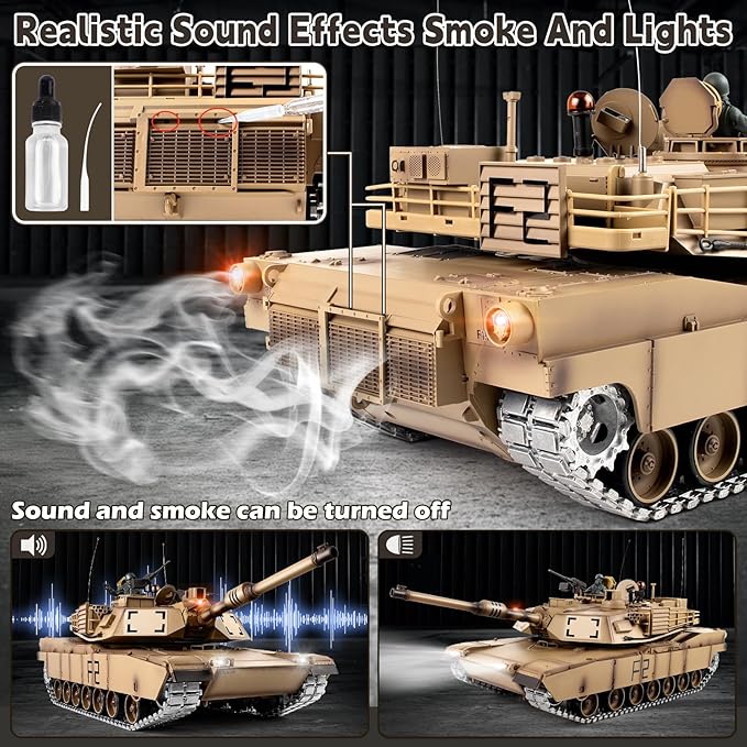 1/16 RC Tank Heng Long US M1A2 Abrams Army Toy with Smoke Sound and Lights Remote Control Tank That Shoots with Upgraded Metal Tracks Idler and Sprocket Wheel Steel Gearbox Batteries*2