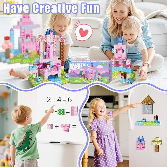 100PCS Magnetic Blocks Magnetic Building Blocks STEM Constructions Magnet Blocks for Boys Girls Age 3 4 5 6 7 8 9 10 Sensory Stacking Toy Christmas Birthday Gifts for Kids
