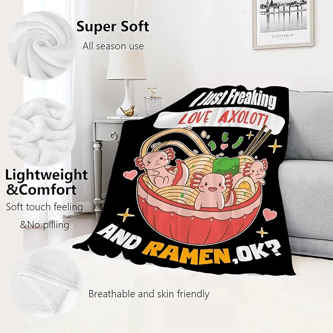 Freaking Love Axolotl and Ramen Blanket Gifts for Girls Boys Women - Super Soft Cozy Warm Throw Sheet for Couch Bed Sofa Office Decor All Season 60x80 for Adult