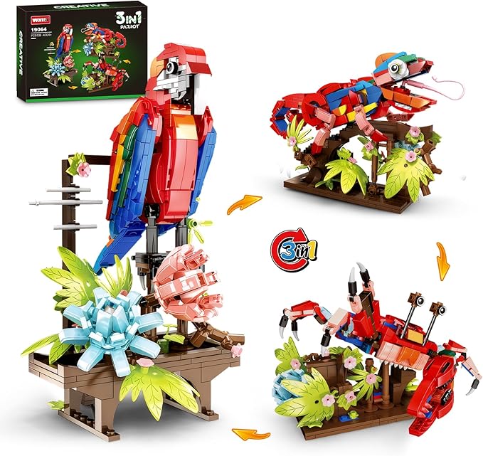 3 in 1 Animals Parrot Chameleon Crab Building Block Set Flowers Botanical Animal Building Toy Compatible with Lego Creative Construction Gift for Adults Kids Boys Girls 6+(538PCS)