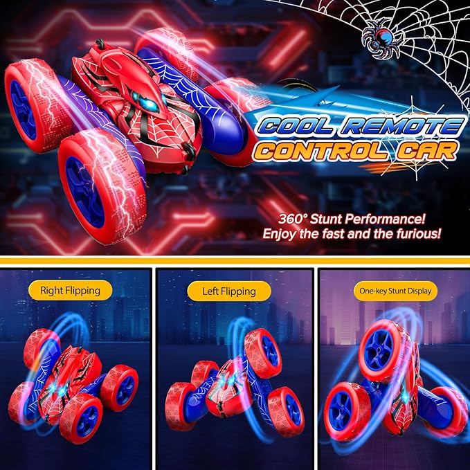 Spider RC Cars Remote Control Car Double Sided 360°Flip 4WD Rechargeable RC Drift CarToys for 3-12 Year Old BoysToys for Ages 5-7 Toys for Ages 8-13 Christmas Basket Stuffers (Red)