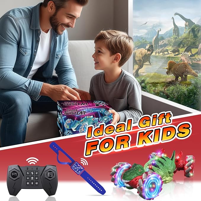 Remote Control CarDinosaur Toys car for Kids2.4GHz LED Gesture Sensing RC Car4WD Rotation RC Stunt Car with Lights and MusicDino Toys for Kids Ages 3 4 5 6 7 Gifts for Boys Girls(Red)