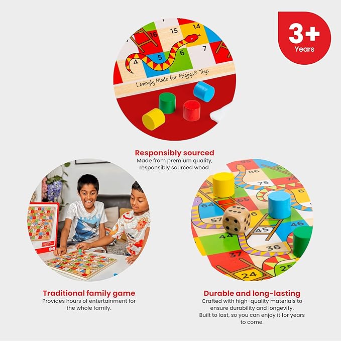 Bigjigs Toys Traditional Snakes and Ladders Game | 4 Player Wooden Board with Counters &amp Dice | Family Toy for Kids &amp Adults | Educational Tool for 3+ Year Old Children | Classic