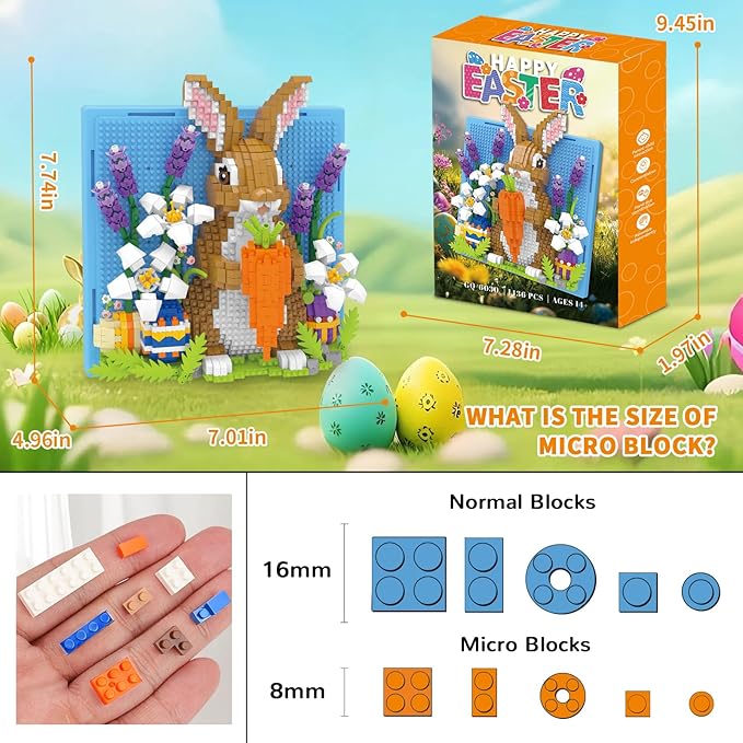 Easter Bunny 3D Wall Art Micro Mini Building Blocks Set Cute Animal Rabbit Decor with Easter Eggs &amp Flowers No Compatible with Lego Gift Idea for Adults STEM Toy for Boys Girls 14+ (1436 PCS)
