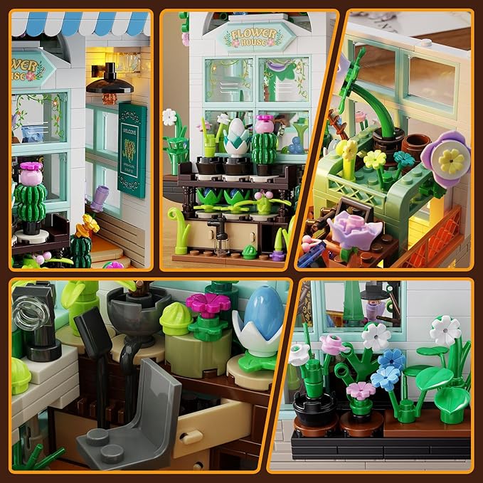 Flower House Building Set with LED Lights 1077 PCS City Greenhouse Building Block Toy Garden House Architecture Book Nook Home Decor Birthday Gift for Adults or Girls 8-12 Years