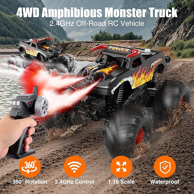 Remote Control Monster Truck Waterproof - 1:16 Scale RC Truck Rc Cars for Boys Age 8-12 Christmas Birthday Gifts 4WD All Terrain Off-Road Pickup Toys for 8 9 10 11 12 Year Old Black