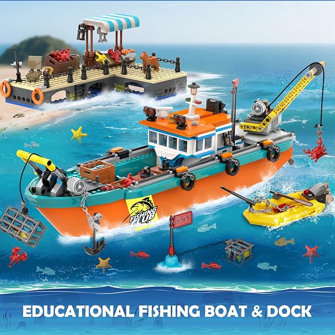 City Fishing Boat Wharf Building Set - Floatable Sea Fishing Ship Building Block Kit with Speedboat Crane Containers Exploration Boats Toy Birthday Gift for Kids Boys Girls 6 7 8 9 10+ 762PCS