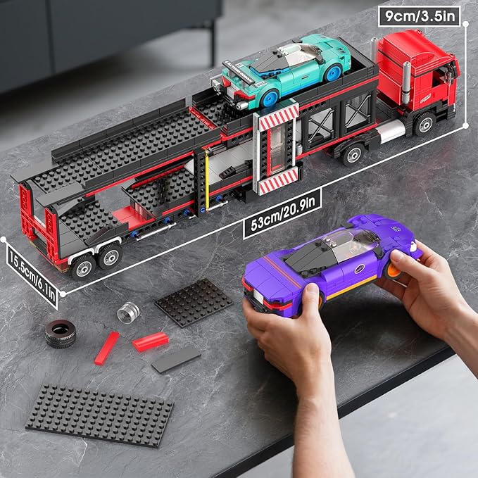 Mould King 24078 Semi Truck Building Toy Set 997 PCS Sports Car Transporter Vehicle Model &amp 2 Race Cars for Aldult/Teens/Enthusiasts Construction Toy Gift for Easter or Birthday