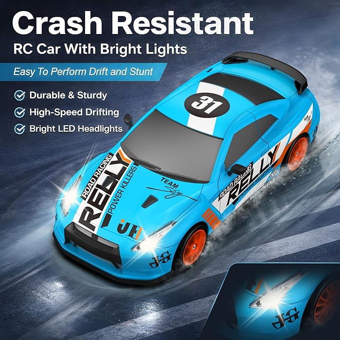 RC Drift Car Remote Control Car 2.4GHz 1:24 Scale 4WD 15KM/H High Speed Model Vehicle LED Lights Drifting Tire Racing Sport Toy for Adult Boys Girls Kids Gift 2Pcs Rechargeable Batterie