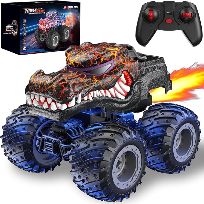 Remote Control Monster Car 2.4GHz RC Crocodile Monster Truck Toys for 3 4 5 6 7 8 Years Old Boys Kids All Terrain RC Truck Off Road with Spray Light Rechargeable Battery Christmas Birthday Gifts