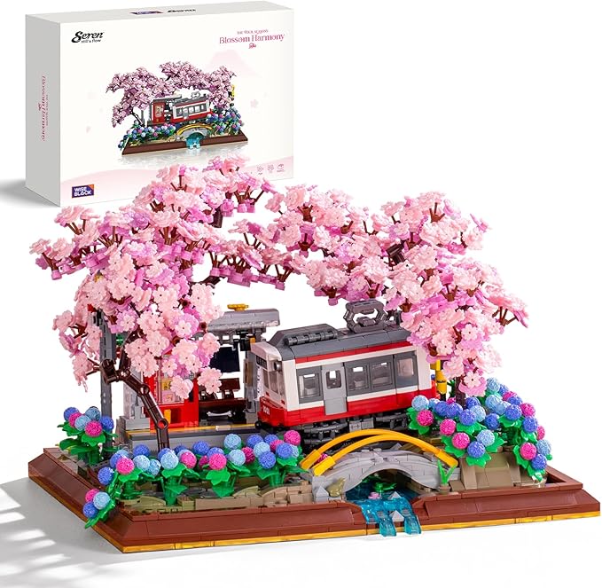 Wise Block Cherry Blossom Train Diorama Building Set – Japanese Artificial Bonsai Tree Building Toy Building Block Set for Home Office Botanical Decor Birthday Gifts for Adults 3150 Pcs