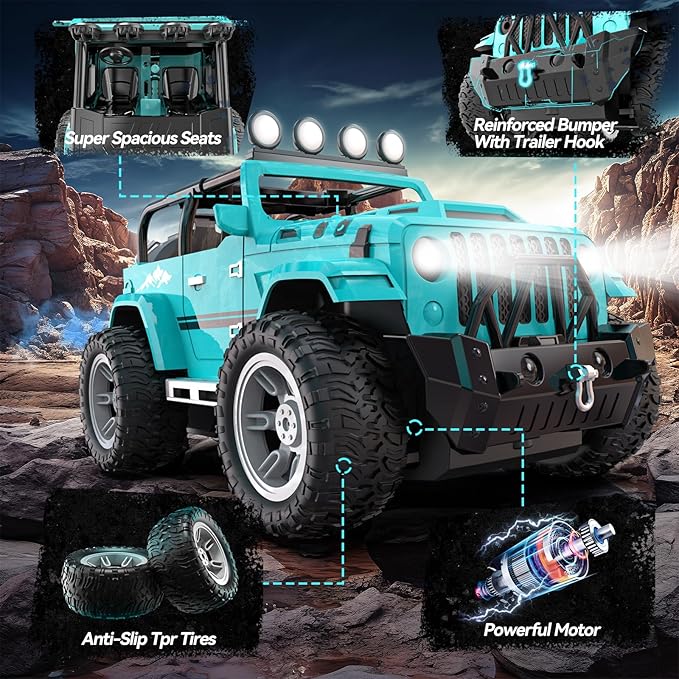 DEERC Remote Control Car with Fog Mist &amp Music 1:16 Remote Control Truck for Boys 2.4Ghz RC Car Toy with 2 Batteries All Terrain SUV Gifts Crawler with Trailer Hitch