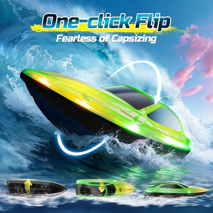 HOLYFUN Remote Control Boat for Kids &amp Adults 2.4GHz 9.3 Mph High-Speed RC Boat with Led Light 2 Battery(30 Mins Play) Summer Toys Boats for Water Pool &amp Lake