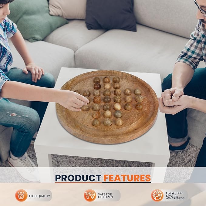 Ajuny Wooden Solitaire Board Game 10.8 Inch – Handmade Peg Solitaire Strategy Puzzle Classic Single Player Marble Chess Brain Teaser Mind Game for Kids &amp Adults Decorative Tabletop Games
