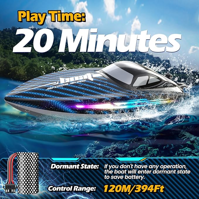 30KMH RC Remote Control Boat with 7 LED Light Modes Waterproof Electric Fast Speed Boat for Adults Kids 8-12 Lake Pool Water PlaySelf-rightingDemoWater Cooling20MinsLow Battery Alert2.4GhzBlue