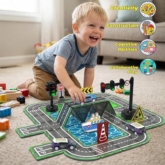Magnetic Road Tiles Set with Pull-Back CarsMagnet Building Blocks for Kids Ages 4-8 with Magnetic Ship &amp Traffic LightsSTEM Educational Preschool Learning ToysIdeal Gift for Boys and Girls