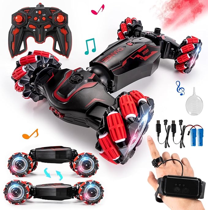 4WD Remote Control Gesture Sensor CarHand Controlled RC Stunt CarDouble-Sided Vehicle 360° Rotation with Light and Music Spray Watch Toy Cars for Boys &amp Girls Birthday