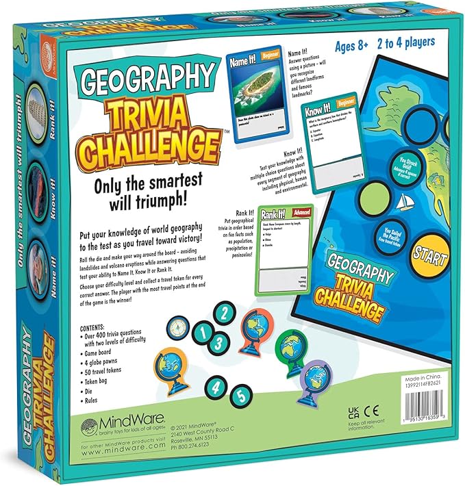 MindWare Geography Trivia Challenge - Board Game for Kids 8-12 and Up - Fun Trivia with 432 Double-Sided Question Cards - Educational Geography Game - Ages 8 and Up