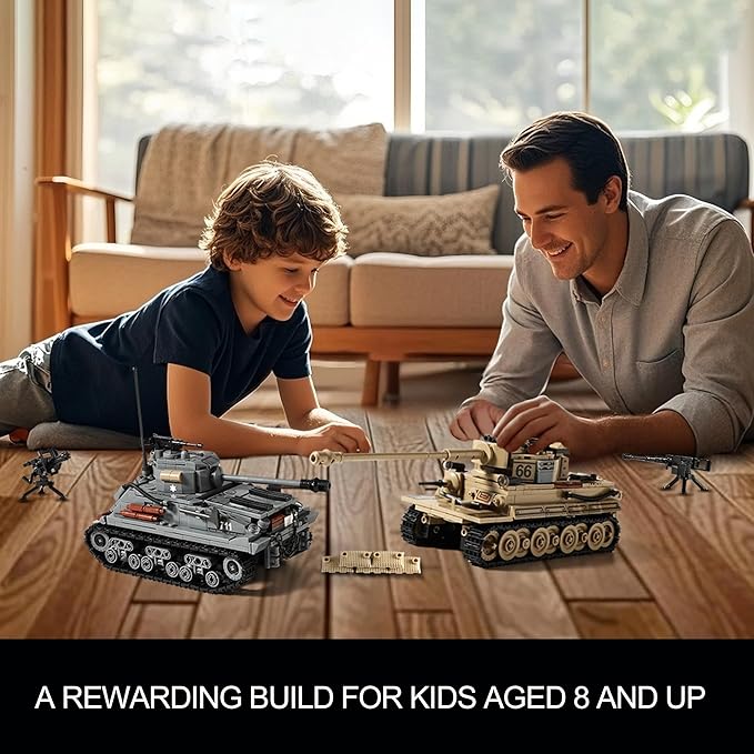 WW2 Army Tank Toys Building Kit Compatible with Lego Create a German Tiger &amp an American M4 Sherman Models with 1184 Blocks Great Military Toy Gifts for Boys Kids Age 8-14