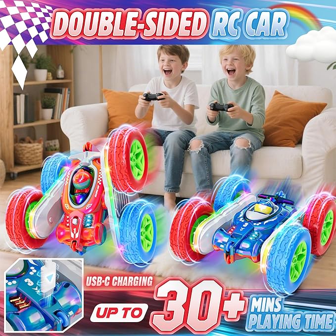Remote Control Car Kids Toys with Shiny Electroplated Finish RC Cars Stunt Toy with LED Lights 2.4GHz Double-Sided 360° Flips USB-C Fast Charging Perfect Birthday Xmas Gift Boys