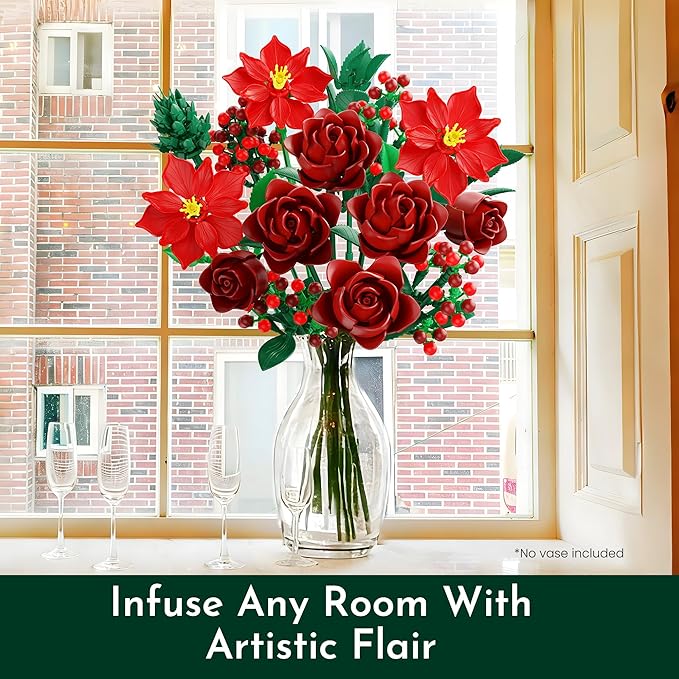 Rose Flower Bouquet Building Set for Adults Buildable Artificial Poinsettia Floral Botanical Decor for Table Centerpiece Birthday for Women Girlfriend Mom Wife(917 Pcs)