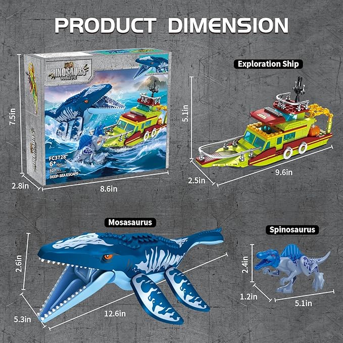 3 in 1 Sea Dinosaur Building Blocks Kit Set Compatible with Lego Dinosaur World Park Spinosaurus Mosasaurus Discovery Crossing Ocean World Building Set Boat STEM Toys Gift Kids Adults Boys Age 8-12