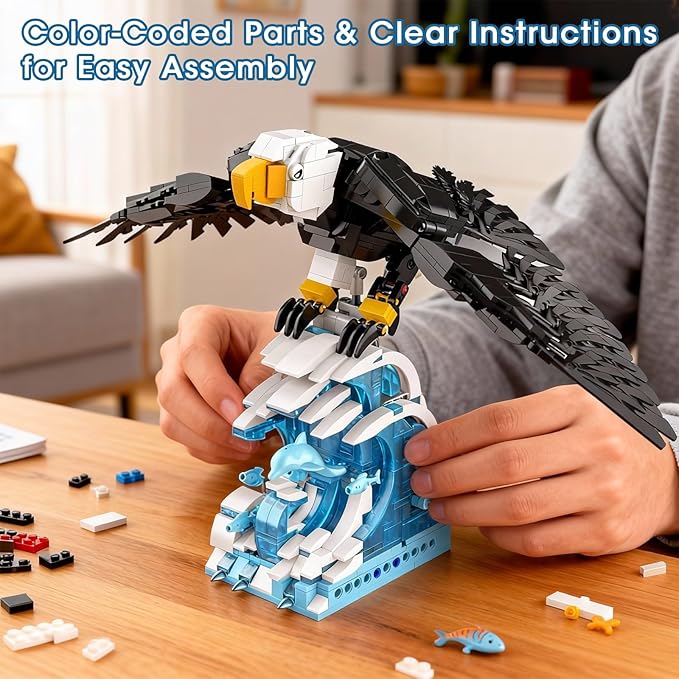 Bald Eagle Building Sets Easter Articulated Wings Ocean Base 1018 PCS Mechanical Motion Model Display Gift Christmas Birthday Ages 14+