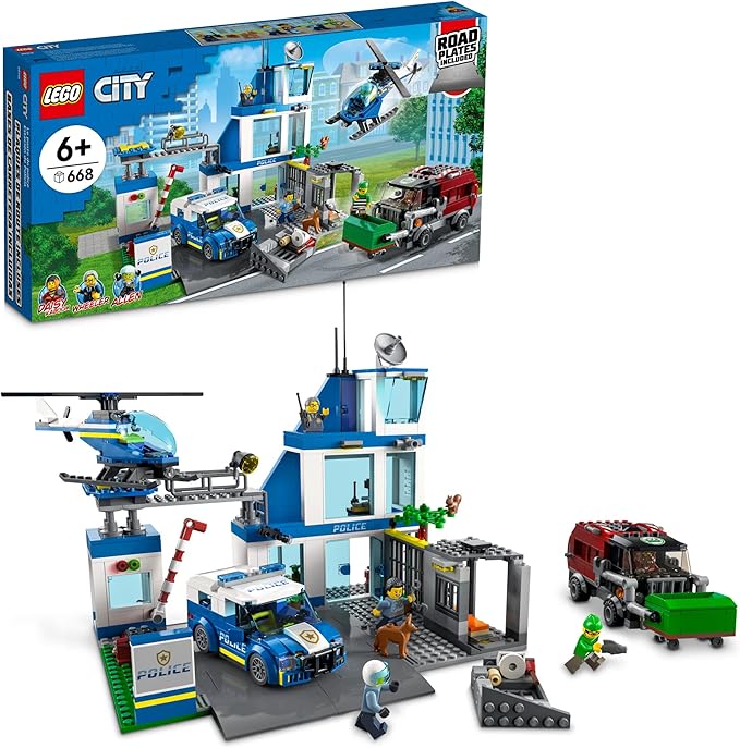 LEGO City Police Station with Van Garbage Truck &amp Helicopter Toy 60316 Gifts for 6 Plus Year Old Kids Boys &amp Girls with 5 Minifigures and Dog Toy