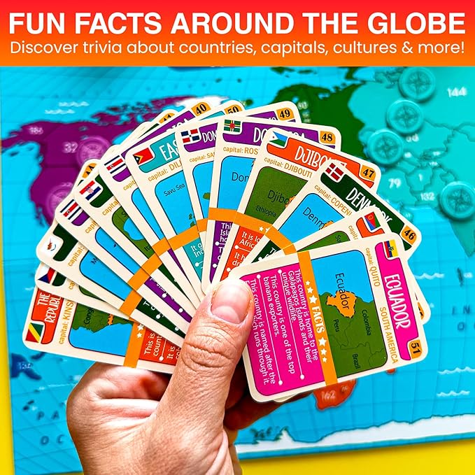 QUOKKA Board Games for Kids 8-12 - Family Games for Kids and Adults - Journey Across the World Card Game Ages 5-9 - Learn Capitals Flags Facts and Map Locations with 195 World Map Cards
