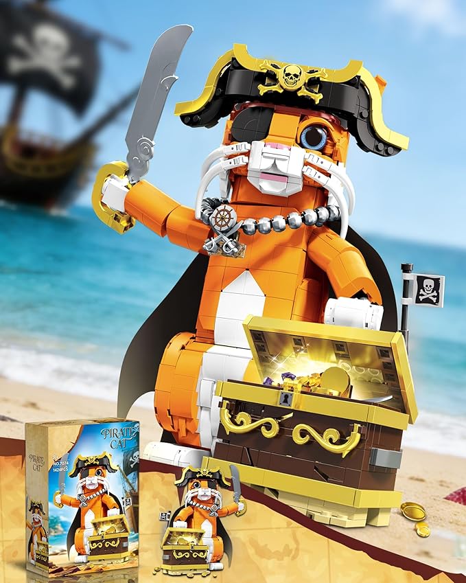 Pirate Captain Cat Building Set for Adults Compatible with Lego Set 1424PCS Orange Cat with Treasure Chest &amp Pirate Hat Adventure Collection Gifts for Animal Lovers