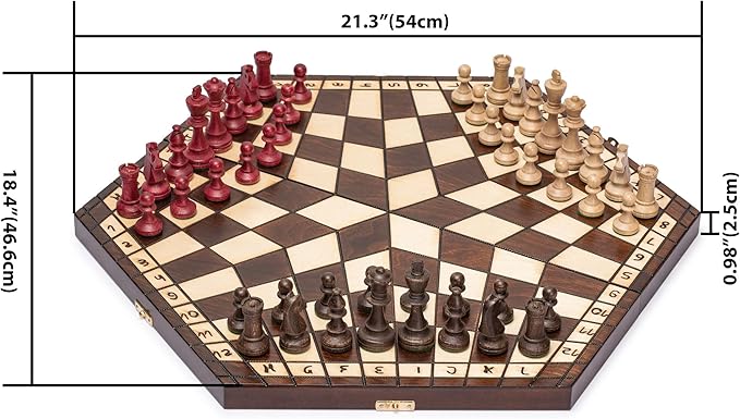 Husaria Wooden Three-Player Chess Game Set - 21 Inches - with Foldable Board Handcrafted Playing Pieces and Felt-Lined Storage