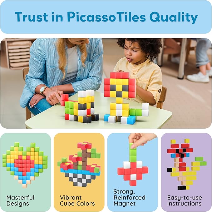 PicassoTiles 102pcs Pixel Magnetic Puzzle Cube 1” Pixel Mix &amp Match Toys with Ideabook STEM Education Learning Building Block Magnets Construction ToySet Stacking Creative Kit for Kids Age 3+ PMC1