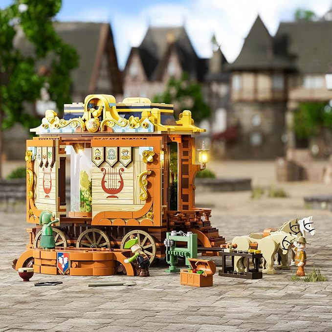 Medieval Troupe Carriage Lighting Building Bricks Set - Middle Ages City Town Playset Multi-Form Modular Collection Display Kit with Minifigures 1248 Pcs for Adults &amp Teens