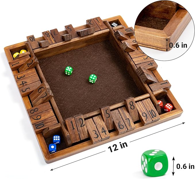 ropoda 12 Inches 4-Way Shut The Box Dice Board Game (2-4 Players) for Kids &amp Adults [4 Sided Large Wooden Board Game 8 Dice + Shut-The-Box Rules] Smart Game for Learning Addition