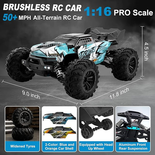 1:16 Scale Brushless RC Car - 50+ MPH High Speed All Terrain Off-Road Monster Truck for Adults &amp Teens 14+ | 2.4GHz 2X LiPo Batteries RTR | Hobby Grade Remote Control Vehicle