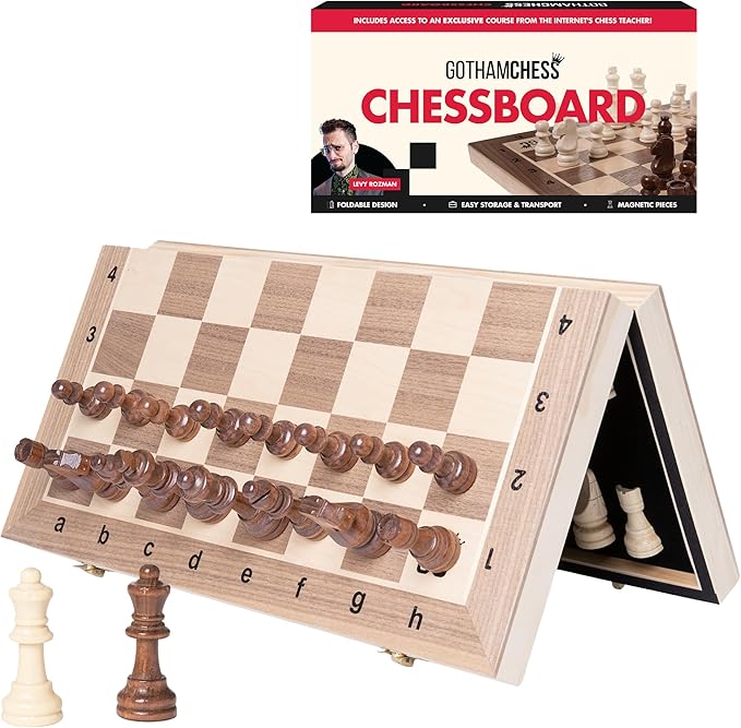 GothamChess Board | Foldable &amp Portable Magnetic Chess Pieces Organized Fitted Storage Includes Course by International Master Levy Rozman Game for Families &amp Adults | 15.75 x 15.75