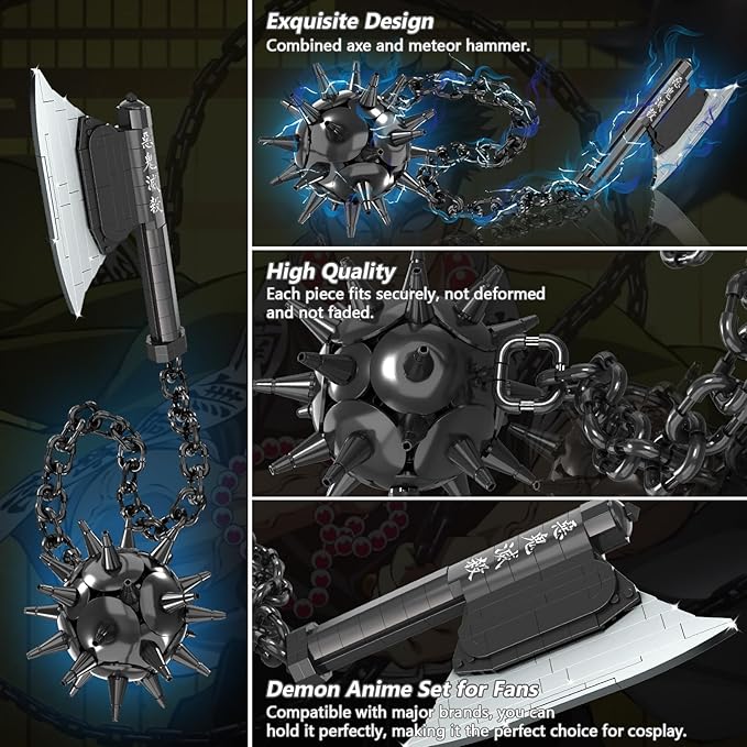 HIGH GODO Demon Anime Sword Building Set 43in Axe and Meteor Hammer Block Kit Creative Gyomei Himejima Weapon Building Blocks Set Gifts Toys for Adults Teens 14+ (779 PCS)