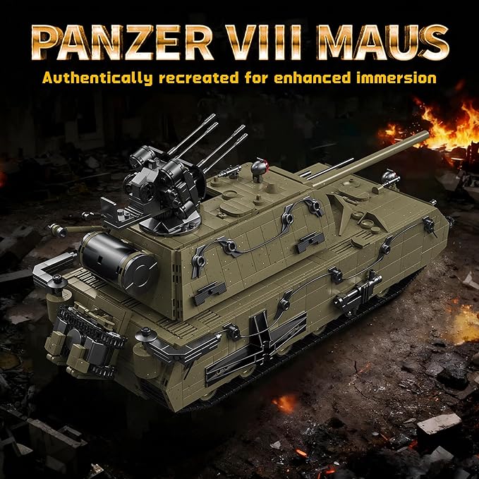WW2 Panzer VIII Maus Tank Building Sets for Adults Army Military Vehicles Collectible Model for Home Decor (Olive Green)