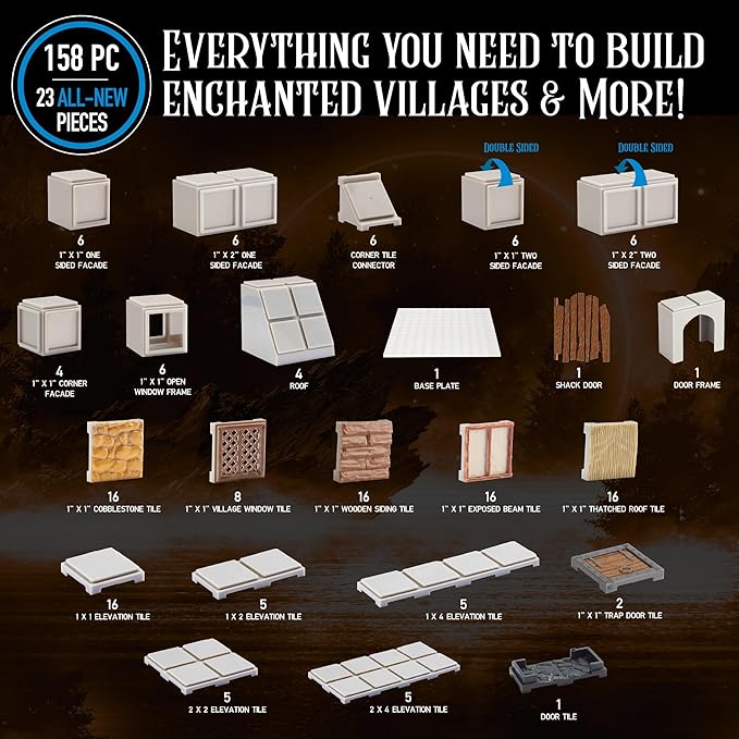 Monster Adventure Terrain - NEW! Village Builder Set (158pc) - 3D Interchangeable Dungeon System w 23 New Tiles - Build Modular Worlds in a Snap &amp Elevate Your Campaign - Compatible with DND