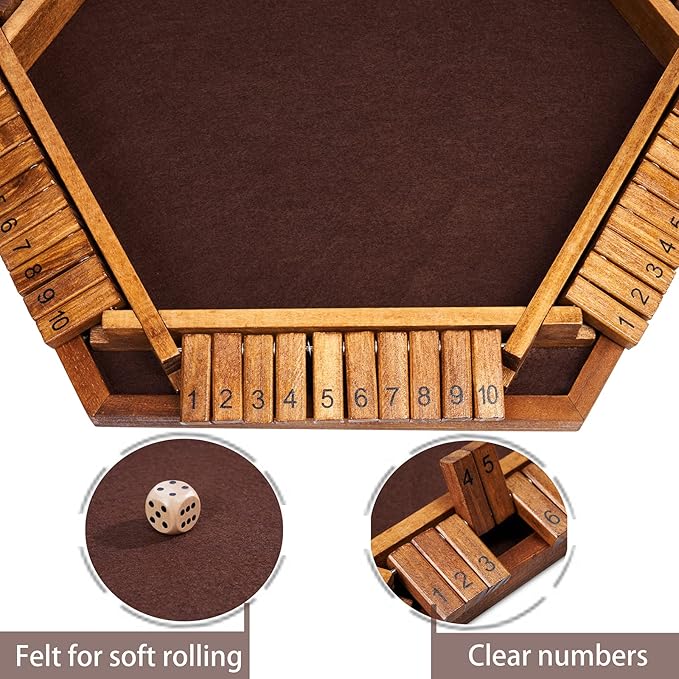 Vamslove Shut The Box Dice Game Wooden Board (L15 x W13) for 1 2 3 4 5 6 Player 6 Sided 10 Numbers Math Games with 16 Dices for Kids Adults(Instructions Included)