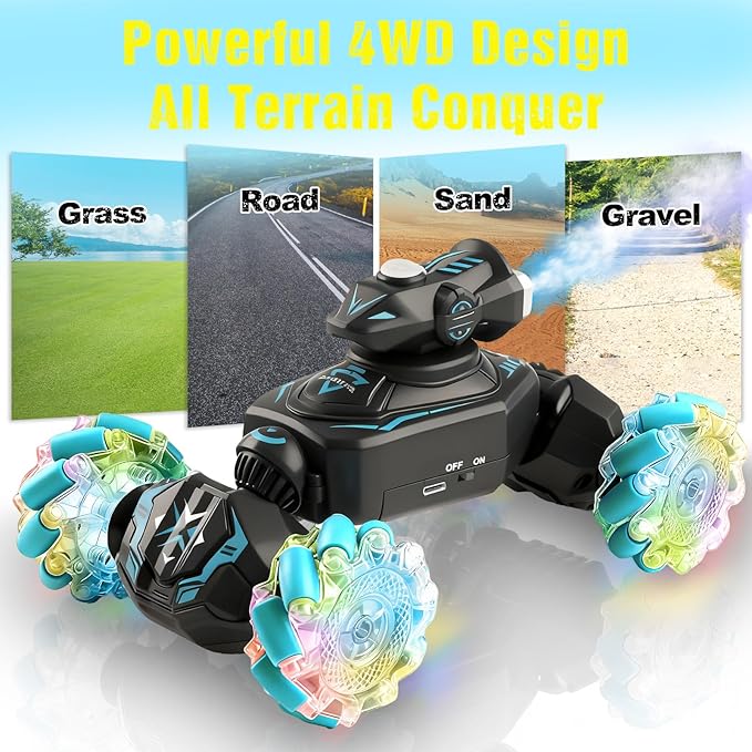 Gesture Sensing Remote Control Car RC Cars Toys for Boys Age 6-12 4WD Hand Controlled Twist &amp Transform 360° Spins Stunt Car with Mist Light &amp Music 8-10 Year Old Boys Birthday Gift Blue