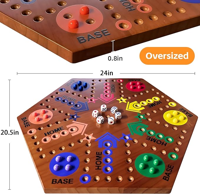 Wooden Board Game Board Game Original Marble Game Double Sided Painted 2 to 6 Player Fast Track Wooden with 6 Colors 24 Marbles 6 Dice for Adults Kids Family(24 INCH Flame)