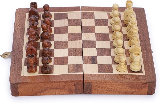 Ajuny Magnetic Travel Chess Set - Handcrafted Acacia Wood Foldable Board with Elegant Storage for All Ages