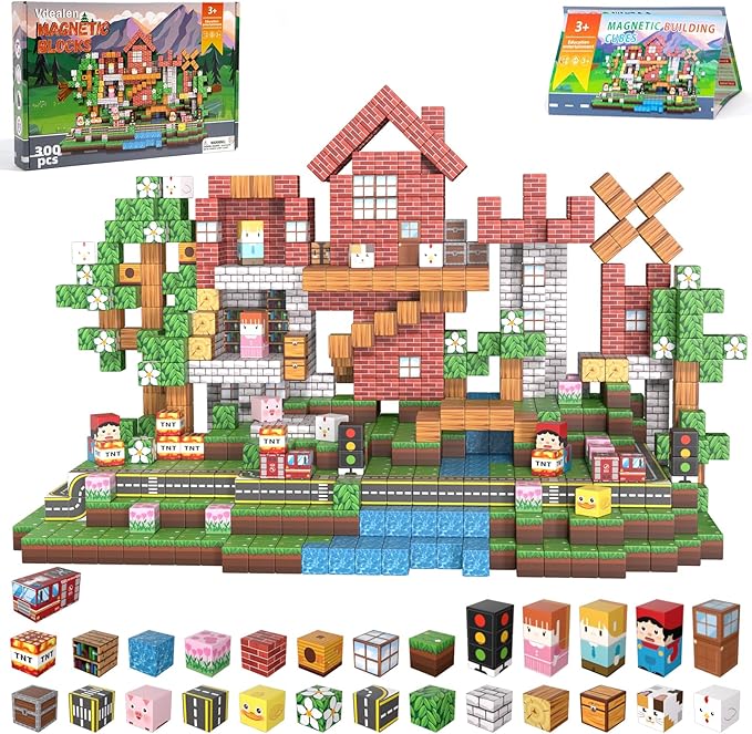 Vdealen 300 PCS Magnetic Blocks-Magnetic Building Blocks Stacking Magnetic Cubes Toy for Kids STEM Montessori Sensory Toys for Boys and Girls Age 3 4 5 6 7 8 9 10 11 12 Christmas Birthday Gift