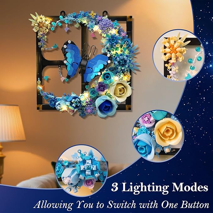 Moon Flower Building Set with Lights 1141 PCS Wall Botanical Flowers Building Block Kit with Butterfly Floral Plant Collection Office Home Decor Gift for Her Adults Women Boys Girls 12+