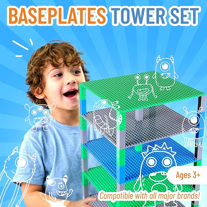 Strictly Briks Baseplate Set - Compatible with Lego 10 x 10 in 6 Baseplates with 50 Stackers Stackable Baseplates Building Toy Blocks Custom Display Towers Kids Easter Gift Blue Green Grey
