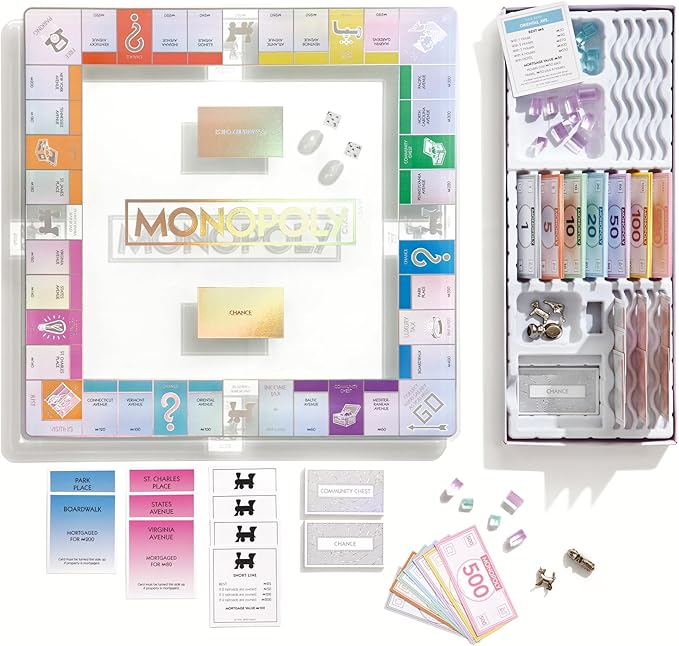 WS Game Company Monopoly Aura Edition Iridescent Tempered Glass Board Crystal-Clear Acrylic Houses Metallic Tokens Foil Cards &amp Tray Family Board Games for 2-6 Players Ages 8+