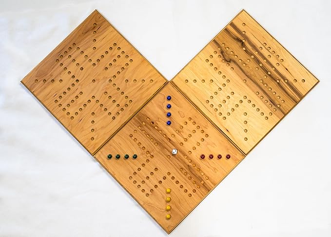 Handmade - Real Wood - Wahoo/Marbles 16x16 inch Board w/Marbles &amp dice - 4 Player (Stained)